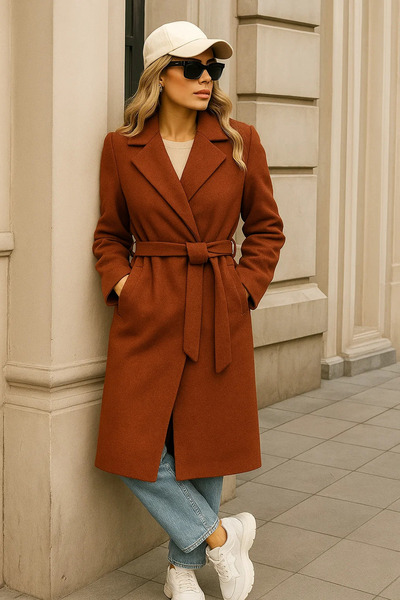 comstar Women's Winter Trend Belted Long Tile Cashmere Coat