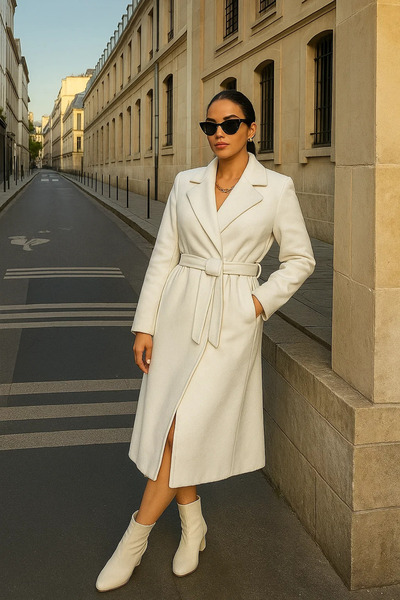 comstar Women's Trend Basic Long Double-Breasted White Cashmere Coat