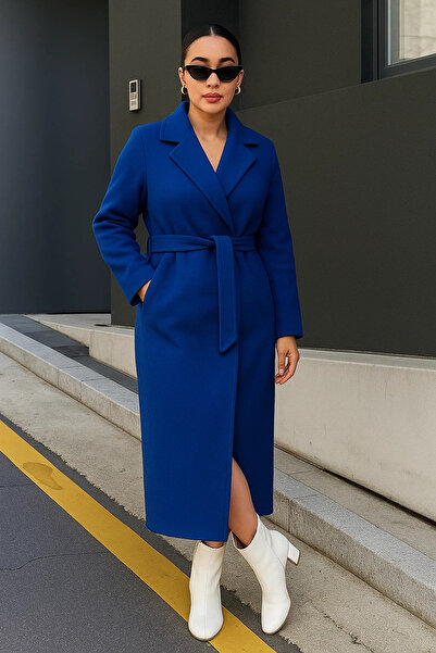 comstar Women's Double-Breasted Premium Basic Long Blue Cashmere Coat