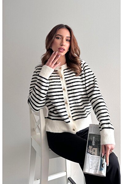 fujya Gold Buttoned Striped Stylish Knitwear Cardigan