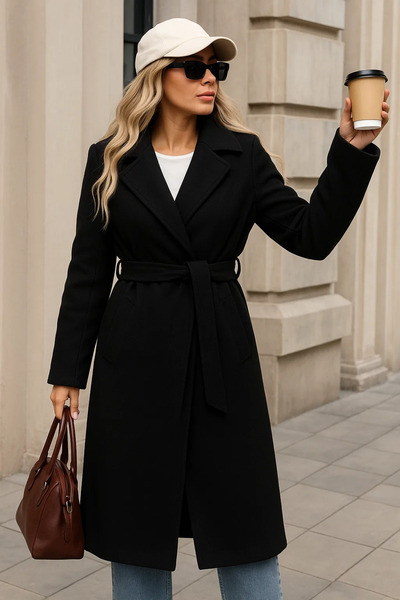 comstar Women's Winter Trend Belted Long Black Cashmere Coat