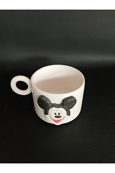 Zümrüdüanka Seramik Mickey Mouse Kabartmalı El Yapımı Seramik Kupa