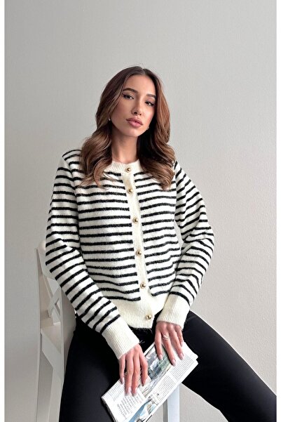 fujya Gold Buttoned Striped Stylish Knitwear Cardigan