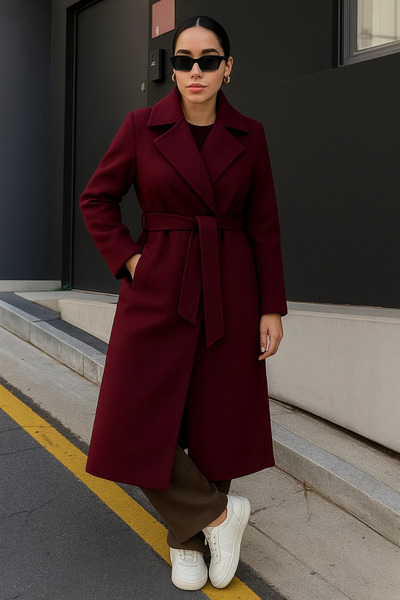 comstar Women's Double-Breasted Premium Basic Long Burgundy Cashmere Coat