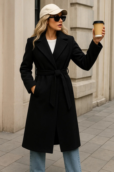 comstar Women's Winter Trend Belted Long Black Cashmere Coat