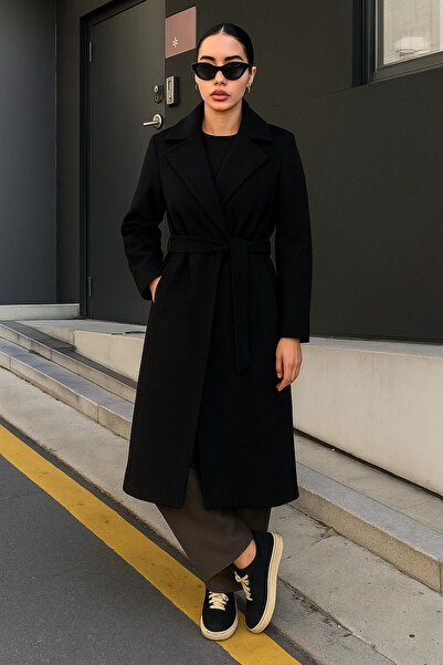 comstar Women's Double-Breasted Premium Basic Long Black Cashmere Coat