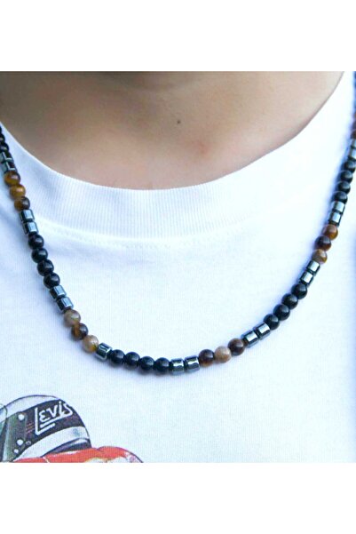 esha Natural Stone Men's Tiger's Eye Onyx Hematite Natural Stone Necklace Bracelet Set Eus1Kho