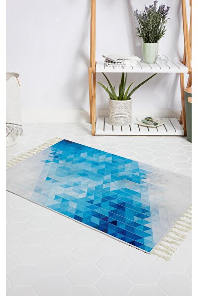 Zethome Bathroom Carpet Digital Printed Bath Mat 50X80 Polyester Non-Slip Based Shower Mat Blue Square