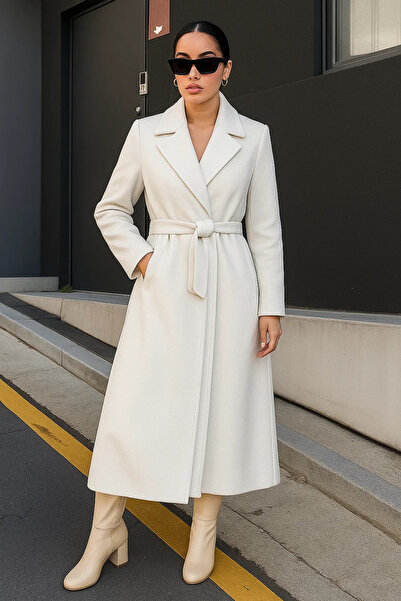 comstar Women's Double-Breasted Premium Basic Long White Cashmere Coat