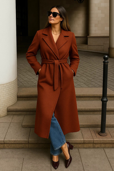 comstar Women's Winter Belted Long Double-Breasted Tile Cashmere Coat