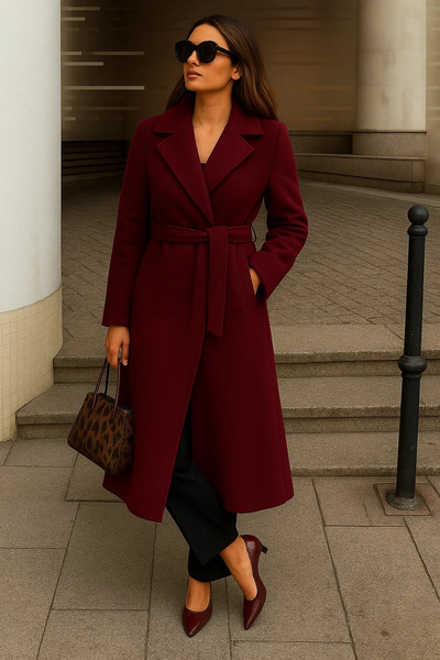 comstar Women's Winter Belted Long Double-Breasted Burgundy Cashmere Coat