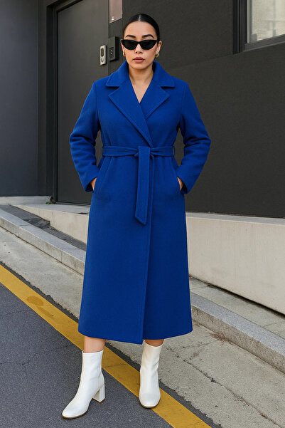 comstar Women's Double-Breasted Premium Basic Long Blue Cashmere Coat