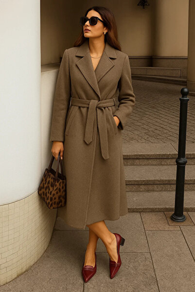 comstar Women's Winter Belted Long Double-Breasted Mink Cashmere Coat