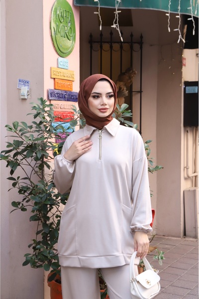 NİSUM MODA Modal Suit with Half Zipper Pocket