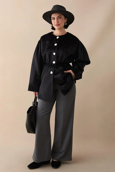 RFK Butik Women's Button Detailed Belted New Season Thai Feather Jacket - Black