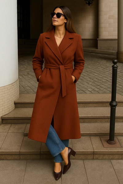 comstar Women's Winter Belted Long Double-Breasted Tile Cashmere Coat