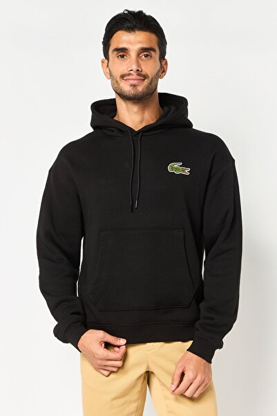 Lacoste هودي رجالي فضفاض بأكمام طويلة وشعار مطرز، أسود