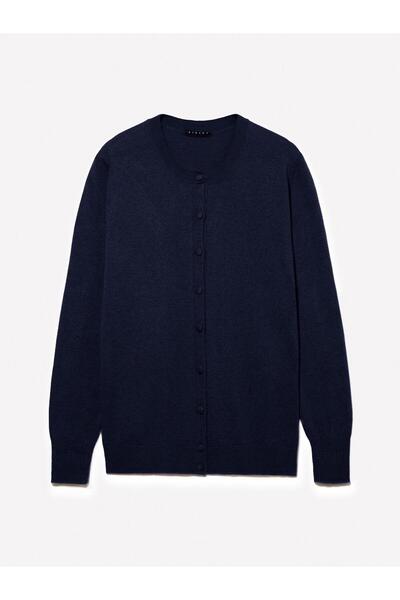 Sisley Kdn_Wool and Cashmere Blend Ribbed Detailed Crew Neck Cardigan Women's Navy Blue Cardigan - 324A102Hm5237