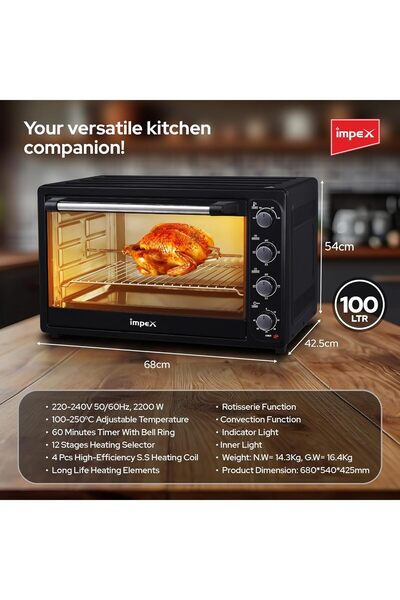 İMPEX OV 2904 100L Electric Oven2200W 12-Stage Heating Rotisserie Convection 100-250°C Inner Light