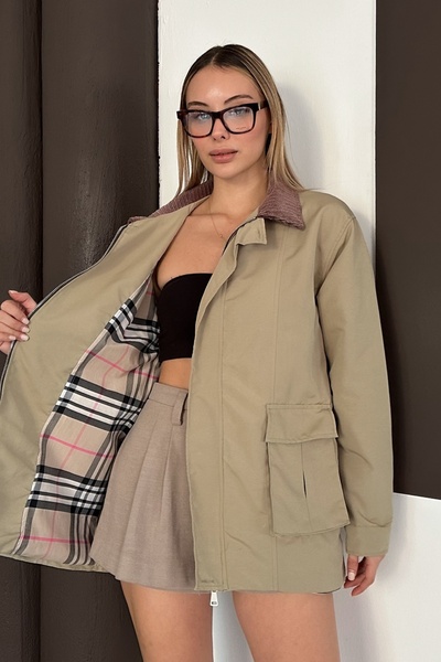 Ded COLLECTION Women's Velvet Collar Stylish Lining Detailed Zippered Double Pocket Trendy Jacket