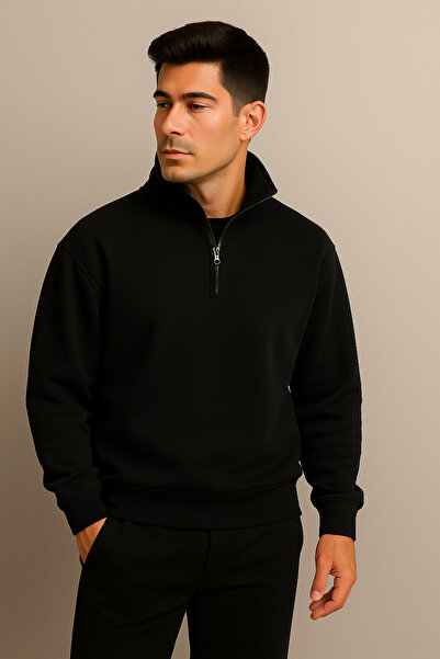 DEEPSENCE Ανδρικό χειμερινό φούτερ με μισό φερμουάρ, χοντρό 3-κλωνο D ψηλός λαιμός με φλις εσωτερικά