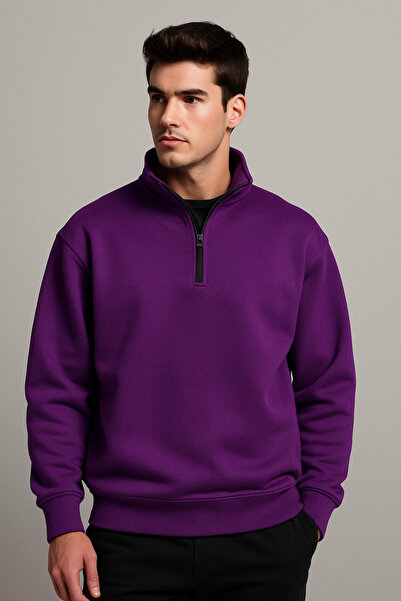 DEEPSENCE Ανδρικό χειμερινό φούτερ με μισό φερμουάρ, χοντρό 3-κλωνο D ψηλός λαιμός με φλις εσωτερικά