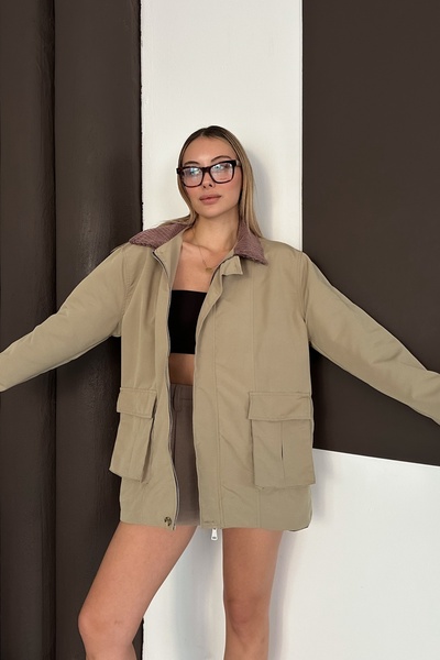 Ded COLLECTION Women's Velvet Collar Stylish Lining Detailed Zippered Double Pocket Trendy Jacket