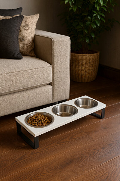 Okay Kedi Mama Su Kabı Seti – 10° Eğimli Standlı 3’lü Çelik Mama Kabı, Kediler İçin