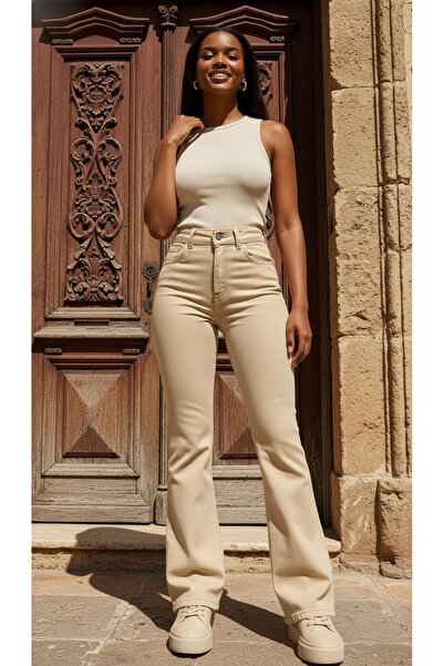 geenz manifacture Beige Women's Oskar Stretch Fabric High Waist Stretchy Flared Jeans Trousers