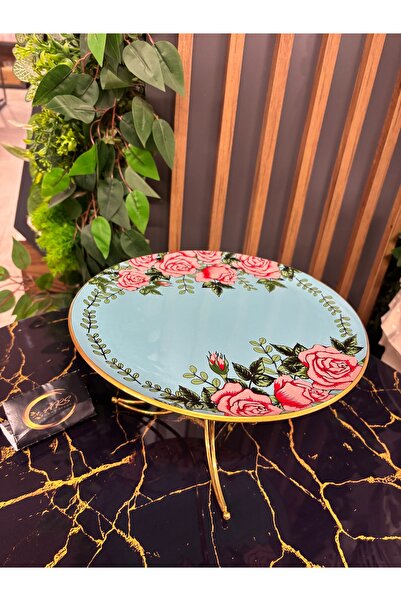 ARS HOME DEKOR Glass Design Metal Leg Presentation Plate, Moon-Shaped Metal Leg and Decorative Glass Rose Pattern on Top