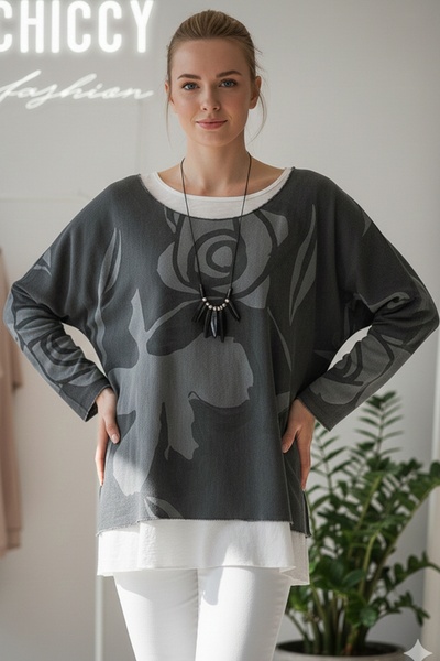 Chiccy Italian Khaki Pool Collar Long Sleeve Patterned Thin Two-Piece Set Inside Sleeveless Combed Knitwear Blouse 70 60