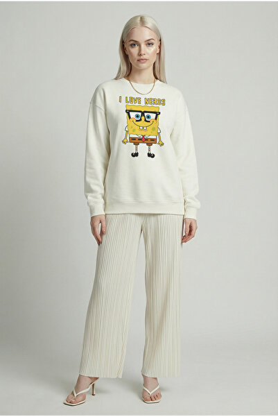 Nobbystar Kadın Bisiklet Yaka Sünger Bob Sweatshirt Regular Fit Nefes Alan Baskılı Pamuklu