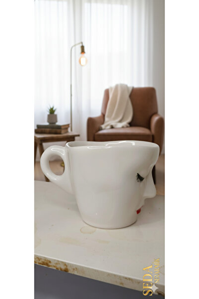 seda seramik Handmade Flat and Floral Crowned Women's Face Double Coffee Cup 225 Ml.