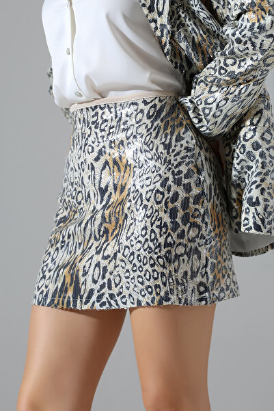 Thil Women's Leopard Sequined Basic Mini Skirt 2448-Thl