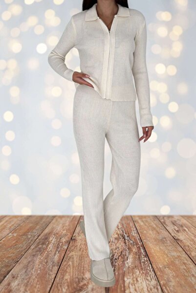 Moda Amore Ribbed Knitwear Sporty Stylish Tracksuit Style Two-Piece Set (Zippered Cardigan and Comfortable Pants) 66003