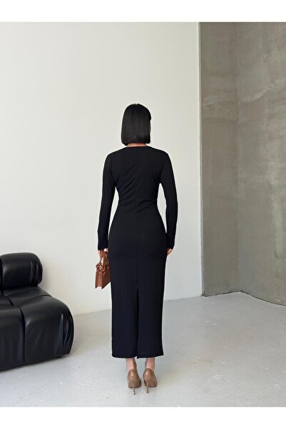 aytenli Double-Breasted Collar Long Sleeve Gathered Accessory Waistband Detail Back Slit Maxi Length Crepe Dress