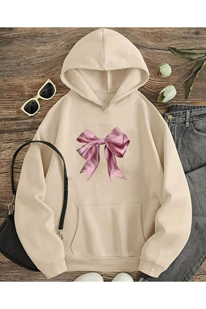 herkesemoda Ροζ κορδέλα με τύπωμα Φούτερ με κουκούλα