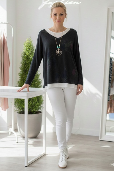 Chiccy Italian Dark Anthracite Pool Neck Long Sleeve Patterned Thin Two-Piece Set Sleeveless Combed Cotton Knitwear Blouse 70 60