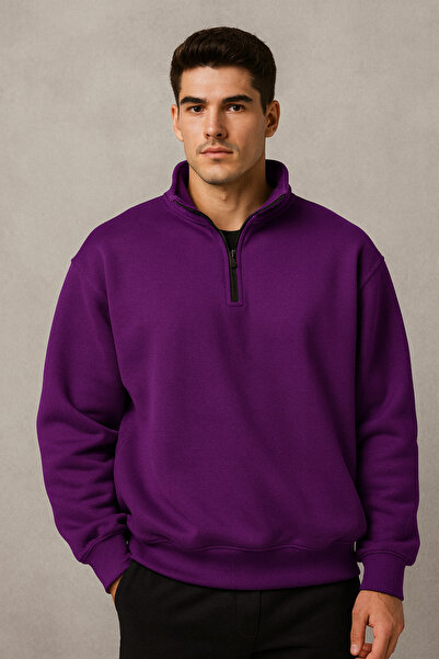 DEEPSENCE Ανδρικό χειμερινό φούτερ με μισό φερμουάρ, χοντρό 3-κλωνο D ψηλός λαιμός με φλις εσωτερικά