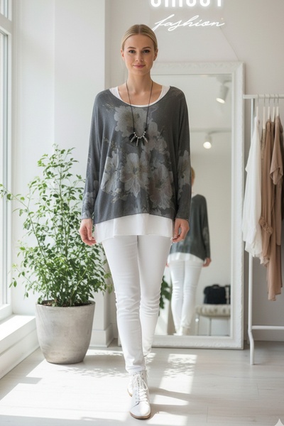 Chiccy Italian Khaki Pool Collar Long Sleeve Patterned Thin Two-Piece Set Inside Sleeveless Combed Knitwear Blouse 70 60