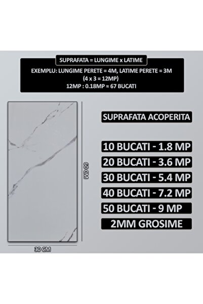 SokShop Set 10 Self-Adhesive Marble-Effect Wallpaper 30x60 cm, 2mm, 1.8 m², Gray/White