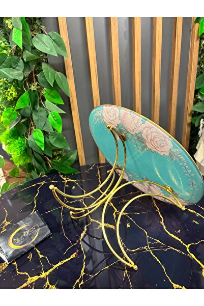 ARS HOME DEKOR Glass Design Metal Leg Presentation Plate, Moon-Shaped Metal Leg and Decorative Glass Rose Pattern on Top