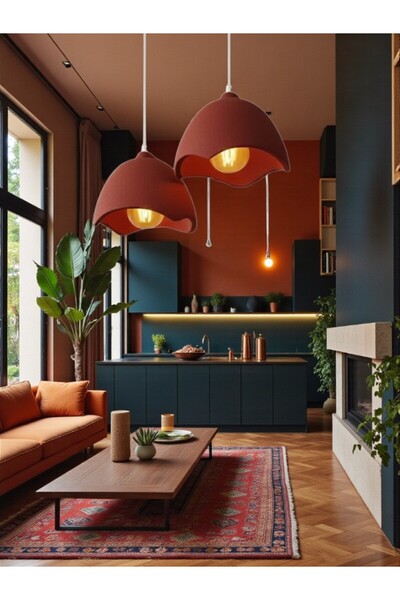 Dropcek eticaret İkili Beton Görünümlü Kırmızı Şapka Avize Loft Stil Modern, ...