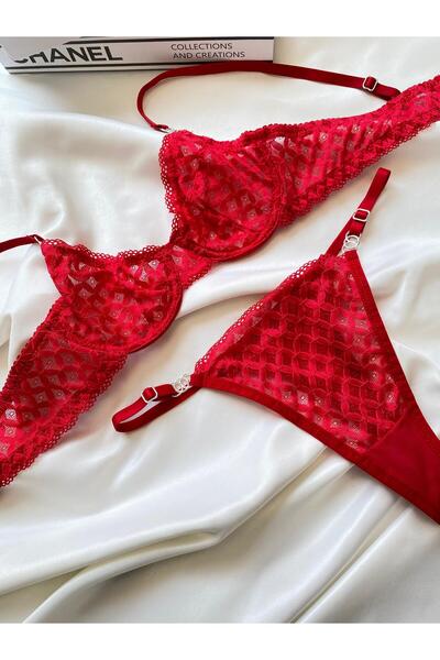 LİBELLA İÇ GİYİM Women's Light Red Patterned Underwire Brode Stylish 2-Piece Thong Bra Set