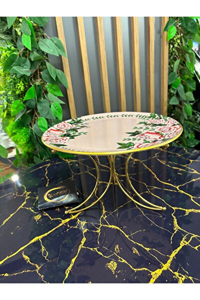 ARS HOME DEKOR Glass Design Metal Leg Presentation Plate, Moon-Shaped Metal Leg and Decorative Glass Rose Pattern on Top