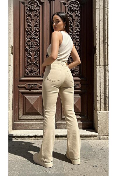 geenz manifacture Beige Women's Oskar Stretch Fabric High Waist Stretchy Flared Jeans Trousers