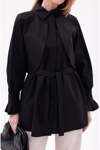 Dagü Design Women's Black Hijab Poplin Belted Tunic Shirt Comfortable Fit