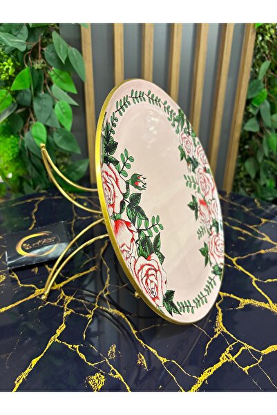 ARS HOME DEKOR Glass Design Metal Leg Presentation Plate, Moon-Shaped Metal Leg and Decorative Glass Rose Pattern on Top