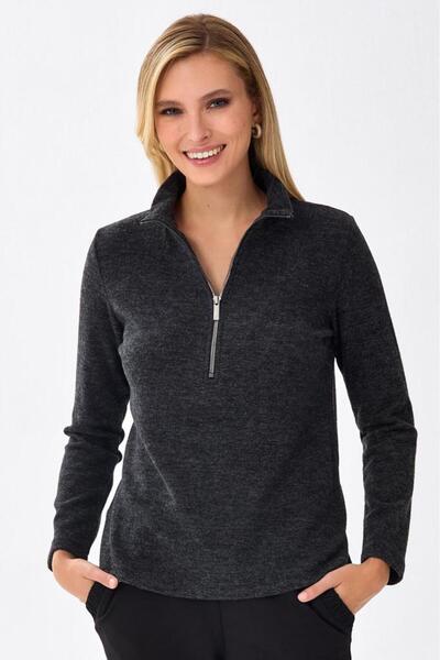 İKİLER Yakası Fermuarlı Uzun Kol Triko Bluz 256-1708