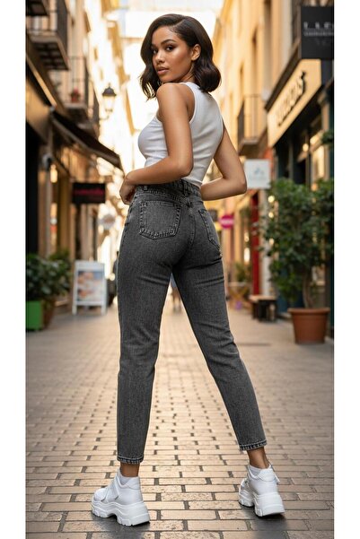 geenz manifacture Sky Stretch Fabric Flexible Snow Gray Mom Jeans Denim Trousers